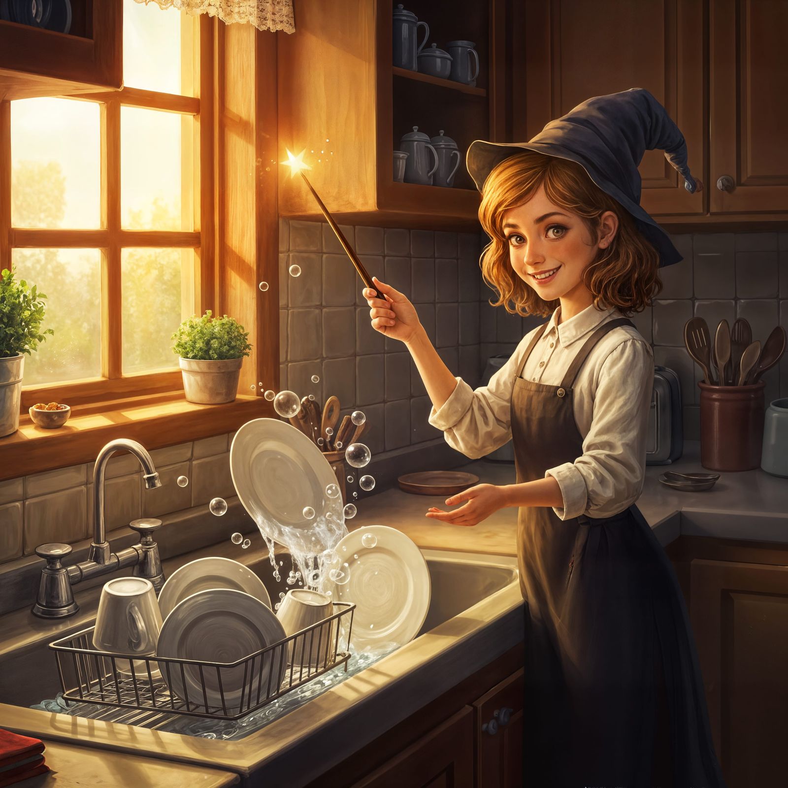 Young Witch Magically Cleans Kitchen in Painterly Style