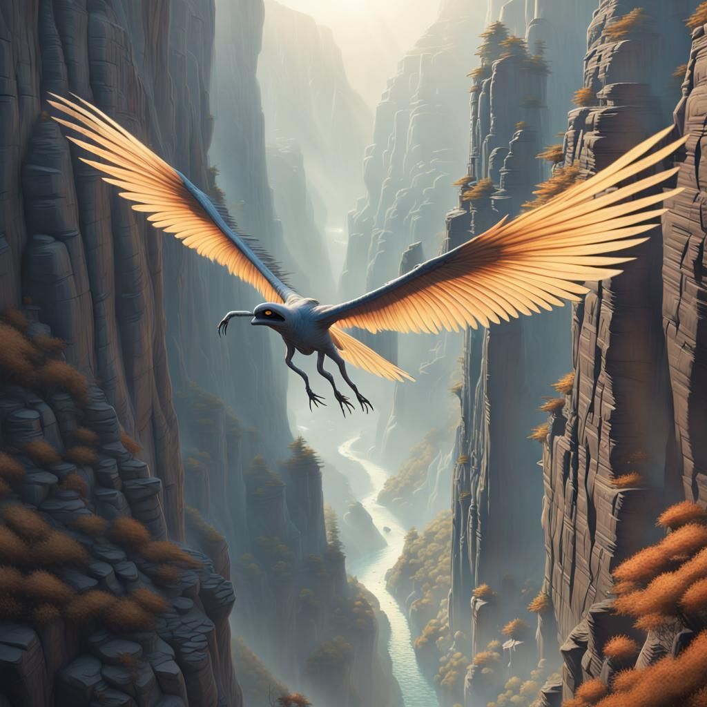Alien Avian Flyer Soaring Through Misty Canyon