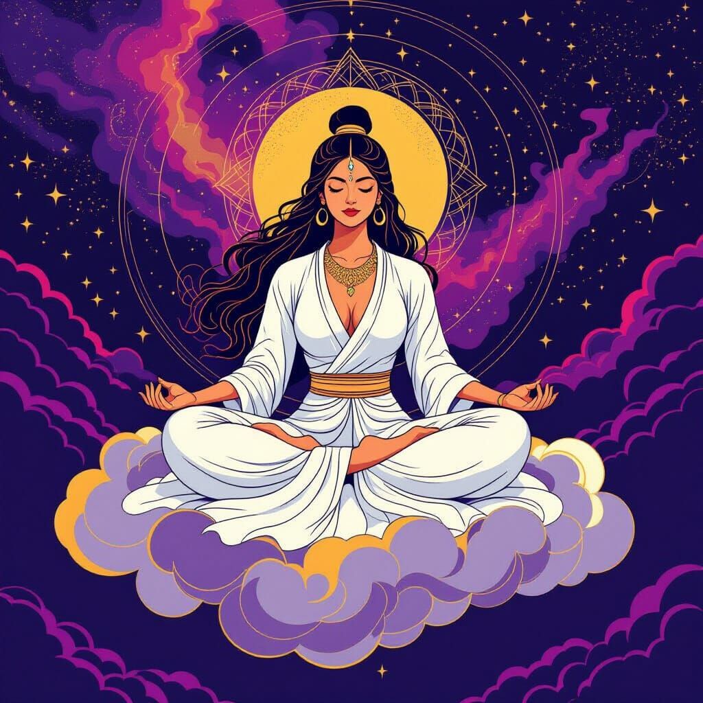 Line vectors. A yogini cucumber meditating on a cosmic cloud...