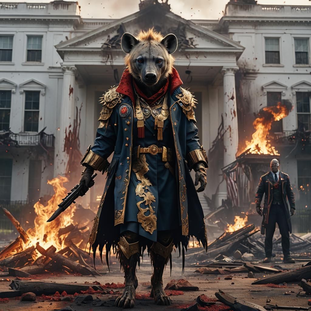 Presidential Hyena Stands Before Burning White House