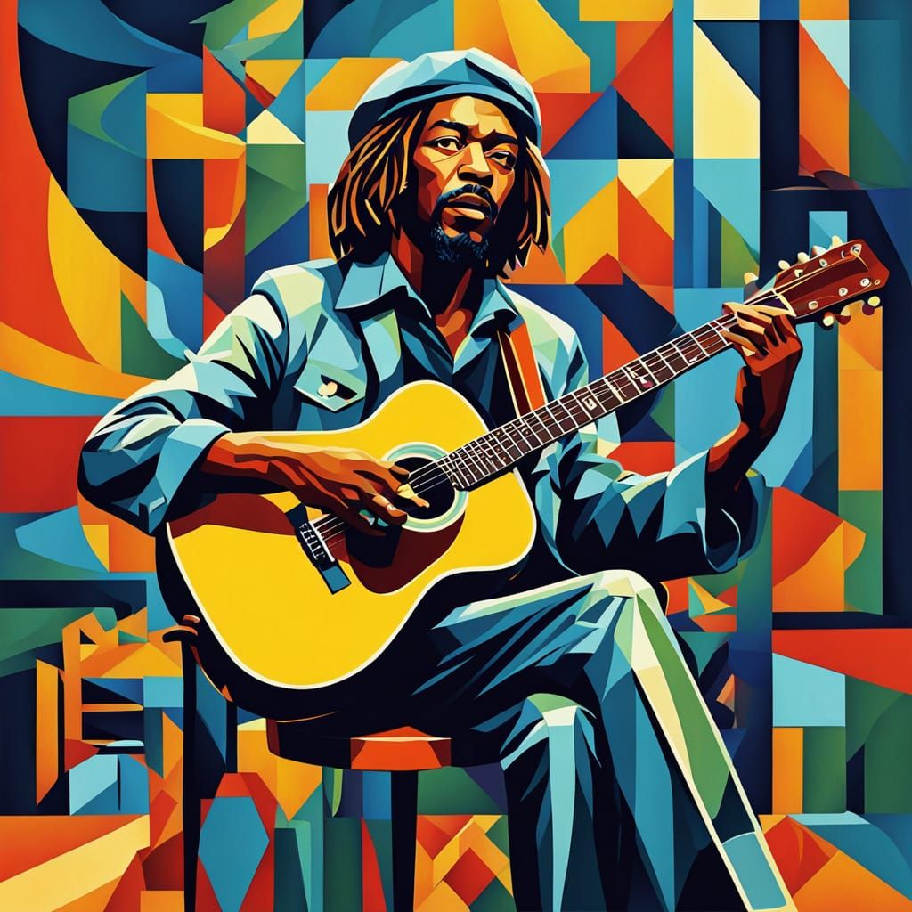 Peter Tosh Guitar Portrait in Neo-Cubist Style