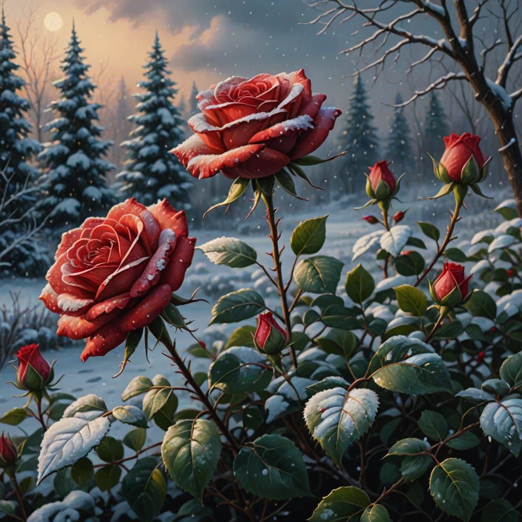 Red Rose Bush in Winter Wonderland: Oil Painting