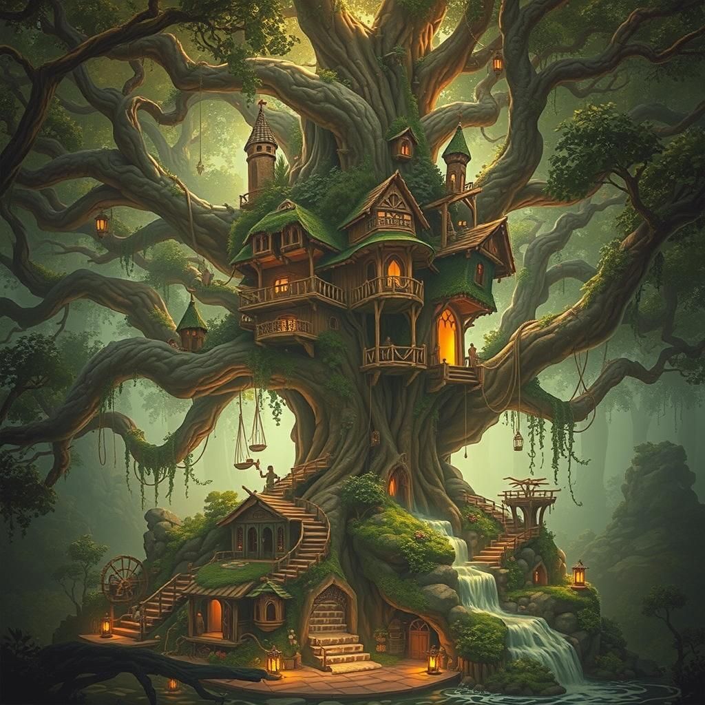 Magical Treehouse Village Inside Ancient Glowing Tree