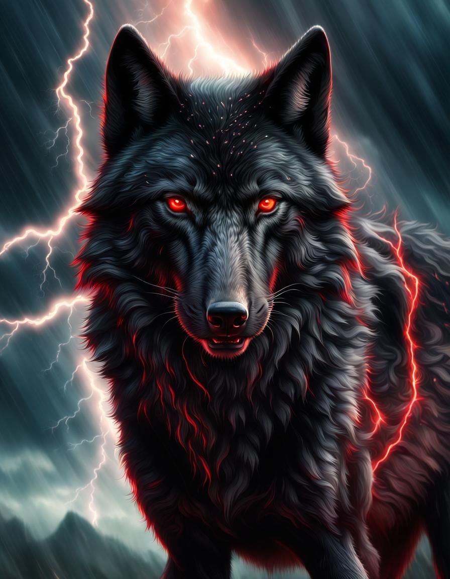 Black Wolf with red eyes in a thunder and lightning background