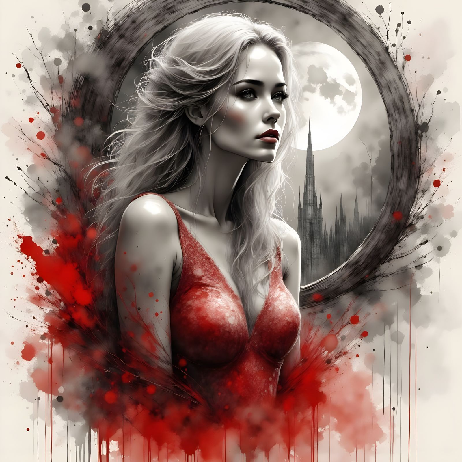 Norse Goddess in Red and Black Ink Portrait