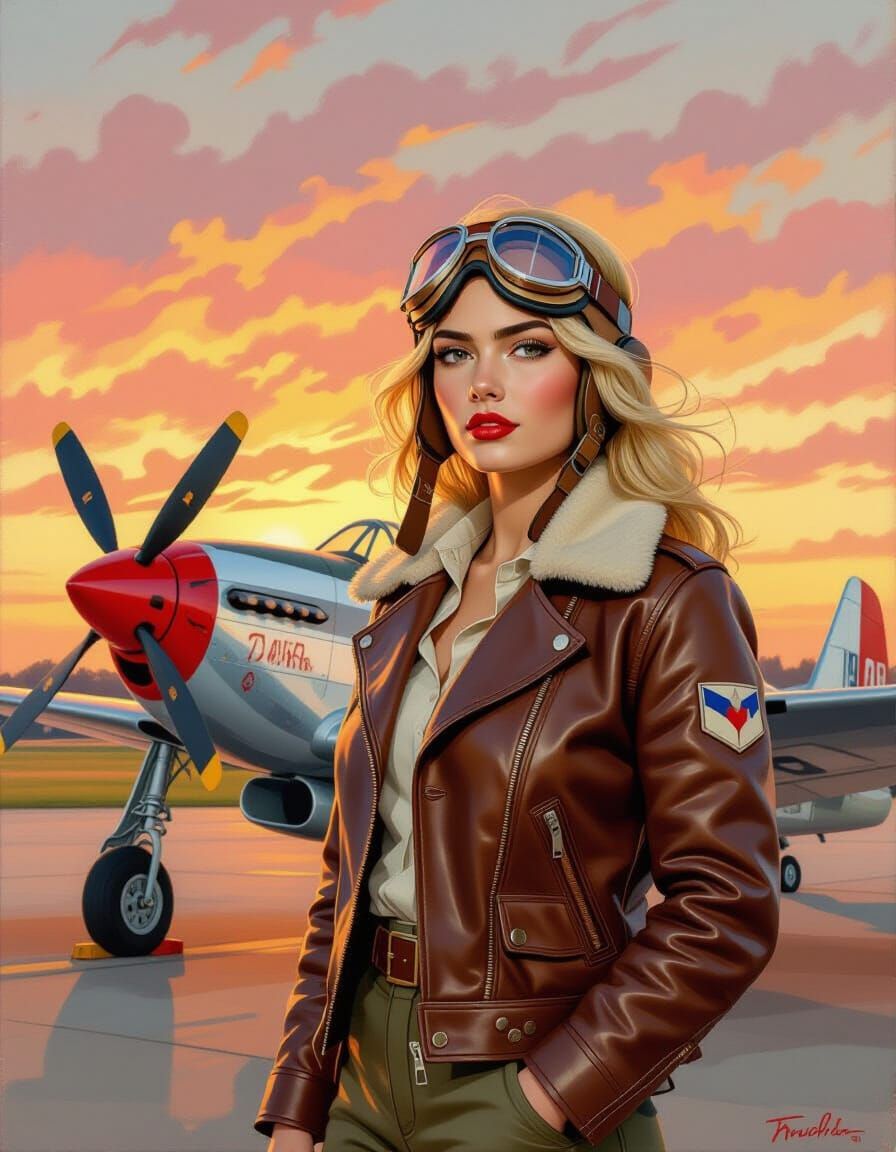 Vintage Aviator Beside P-51D Mustang, Expressionist Style