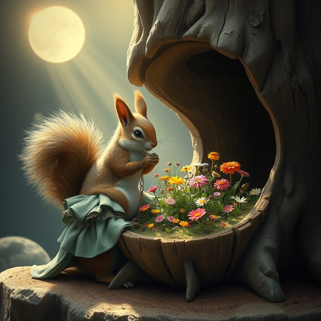 Victorian Squirrel's Lunar Garden: A Whimsical Illustration