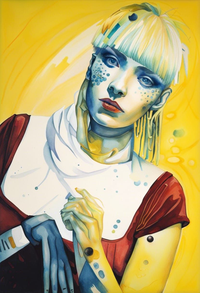 Psychedelic Woman with Yellow Hair in Dadaist Style
