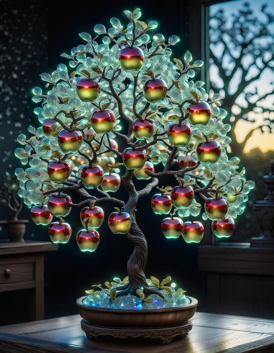 Glass Apple Tree with Bioluminescent Bonsai, Holographic Art