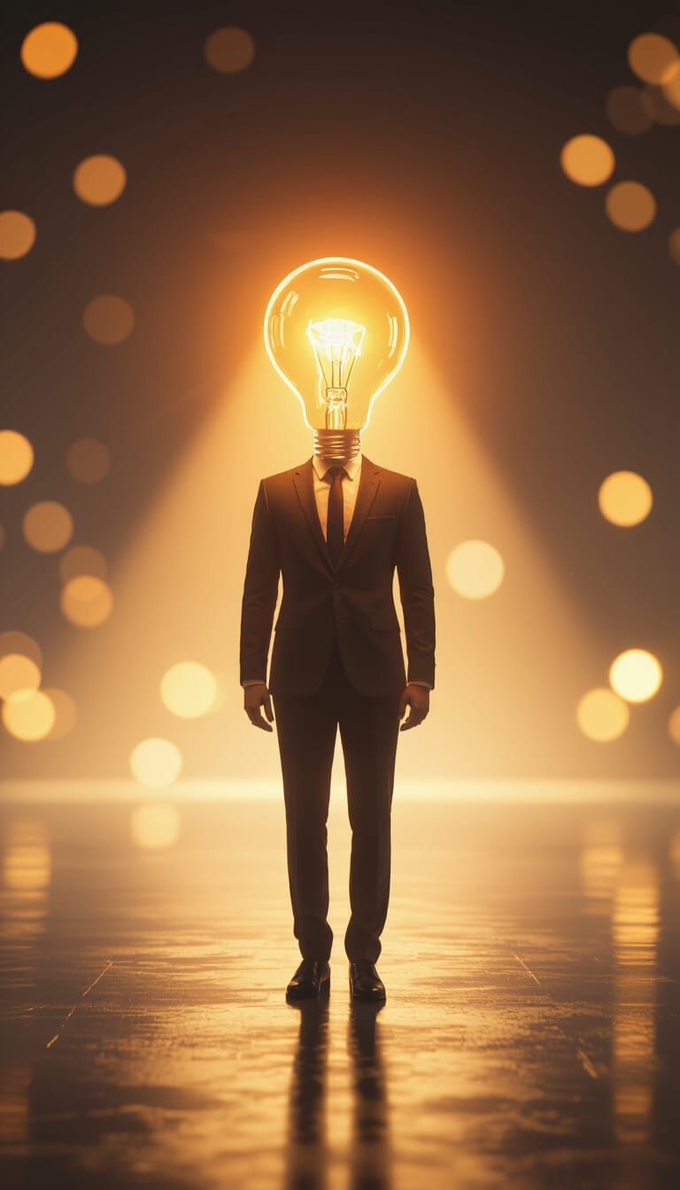 Man with Light Bulb Head in Spotlight