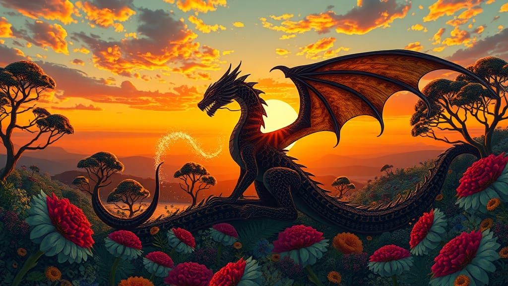Dragon Kneeling at Sunset: Digital Art