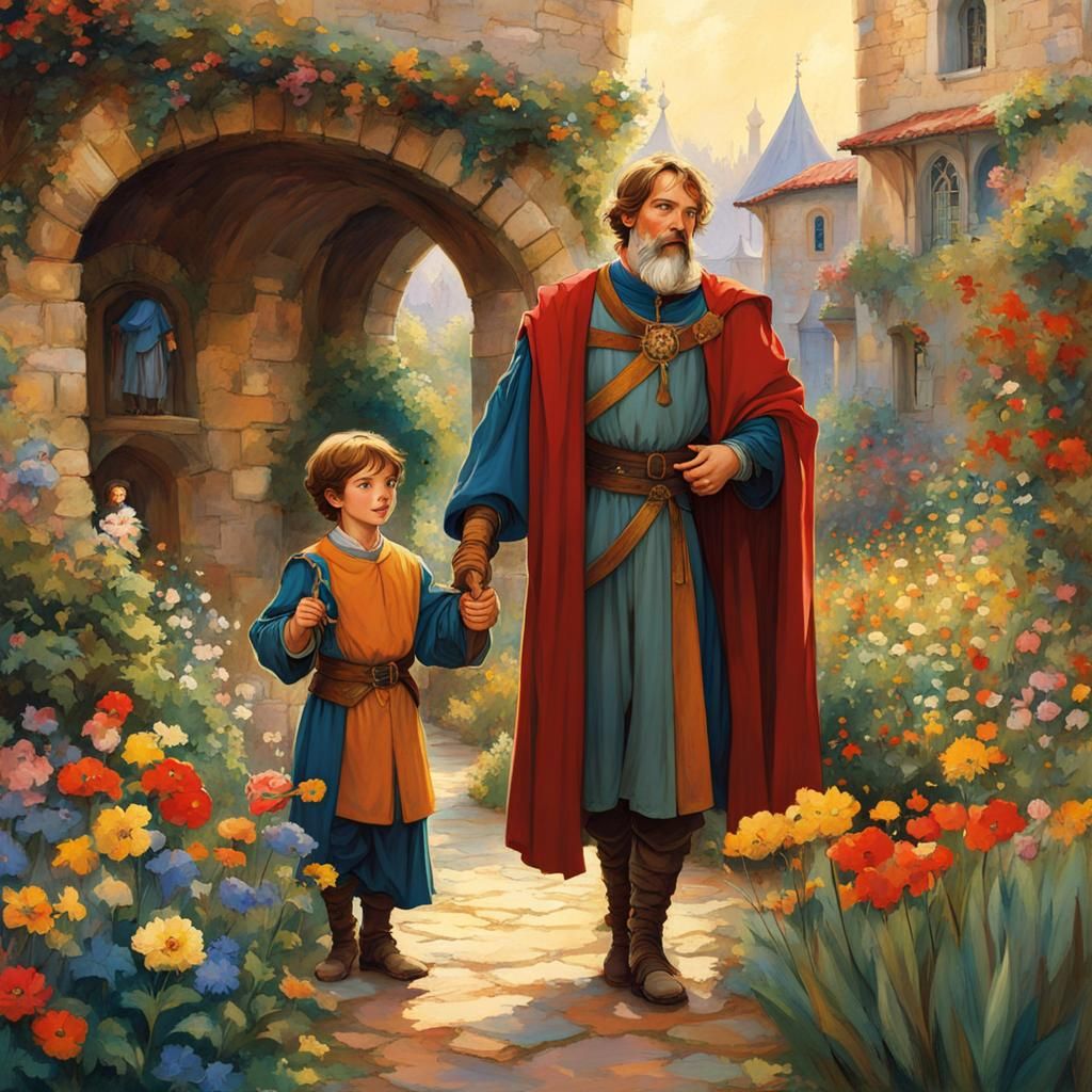 Father and Son in Fairytale Garden, Anime Style