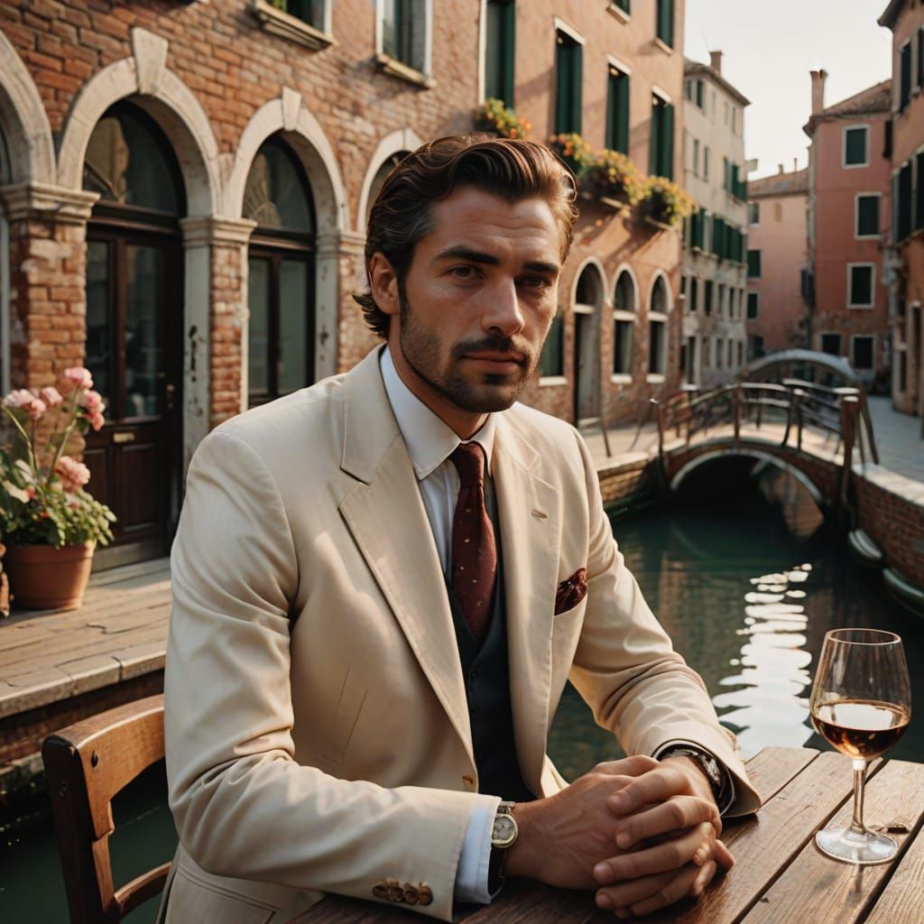 Venetian Canal Cafe Scene in Golden Hour
