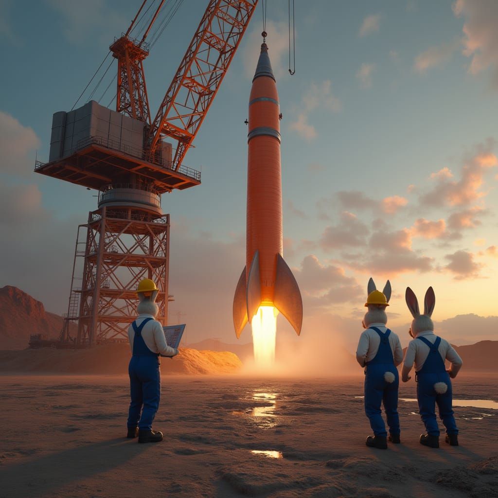 Sci-Fi Carrot Rocket Construction Site With Rabbits