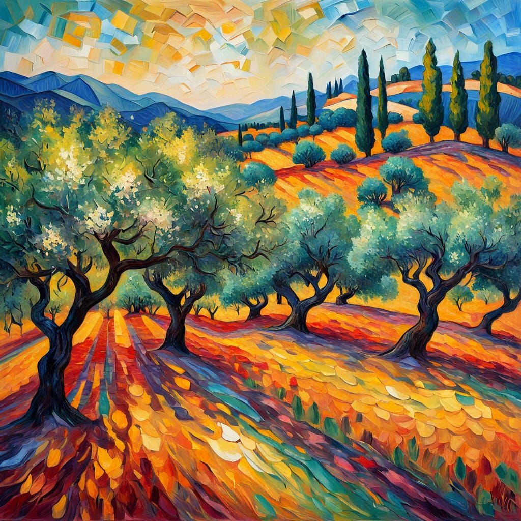 Lush Olive Grove in Expressionist Impasto Style