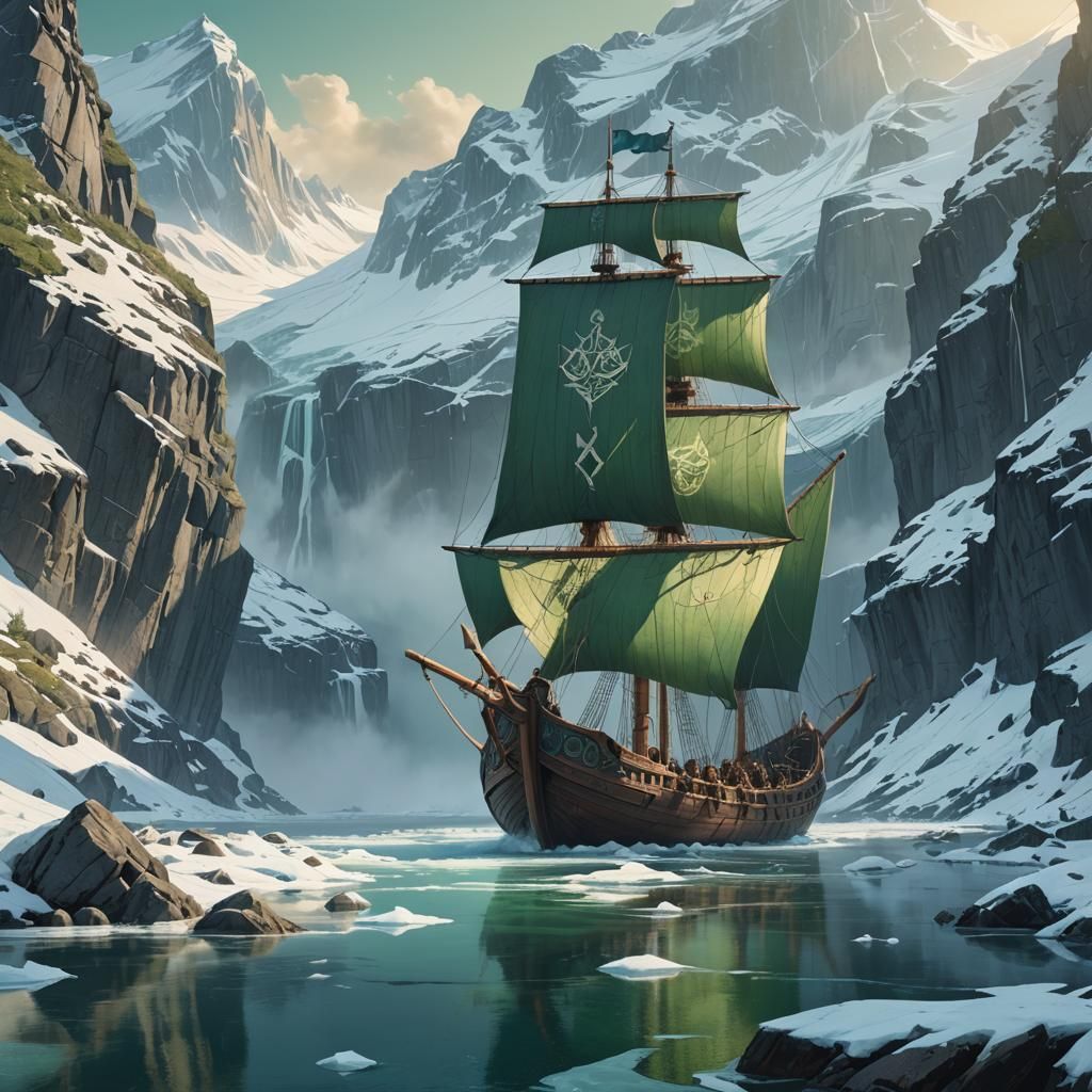 Viking Ship Sails from Fjord: Fantasy Concept Art