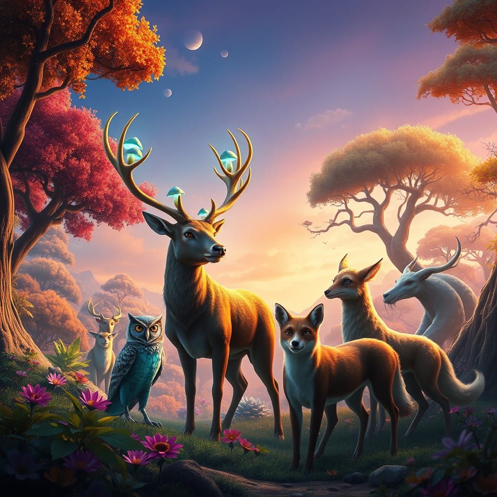 Mystical Gathering in Vibrant Forest Landscape