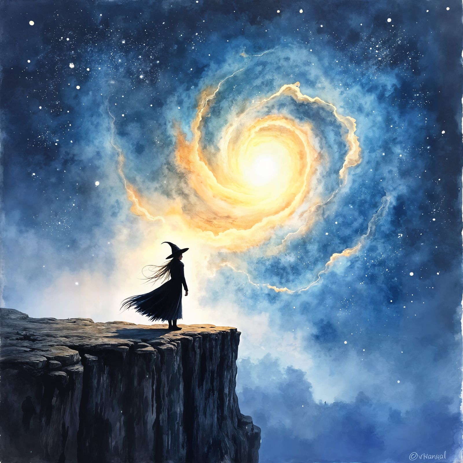 Witch Silhouetted Against Swirling Nebula in Watercolor Styl...