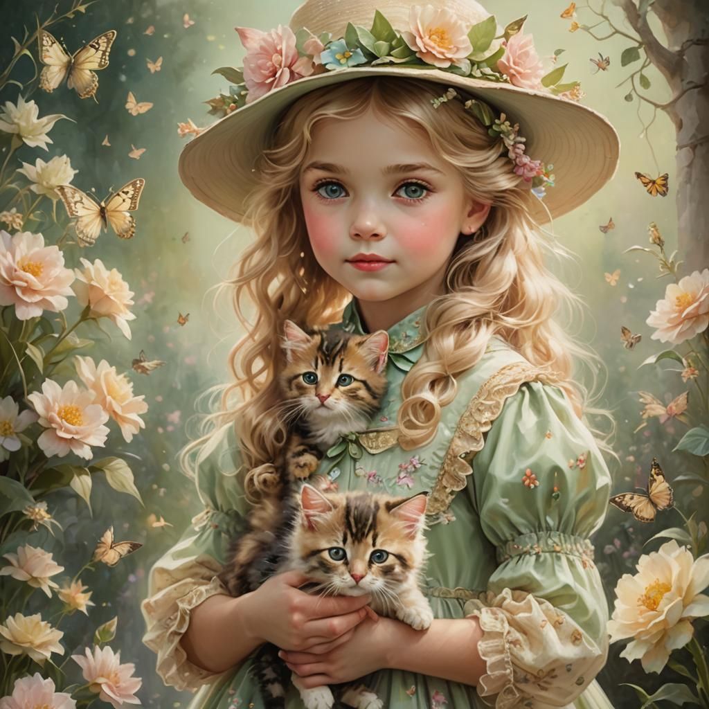 Girl with Kitten in Flower Meadow, Dreamy Oil Painting