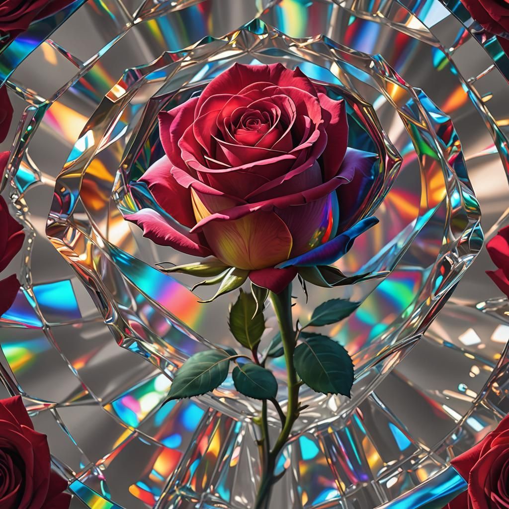 Red Rose Prism Refracts Rainbow Sunlight