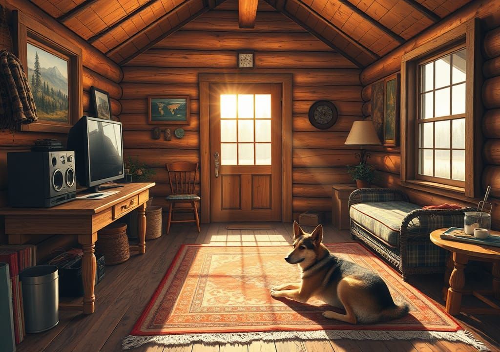 Cozy 1980s Cabin Interior in Morning Sunlight