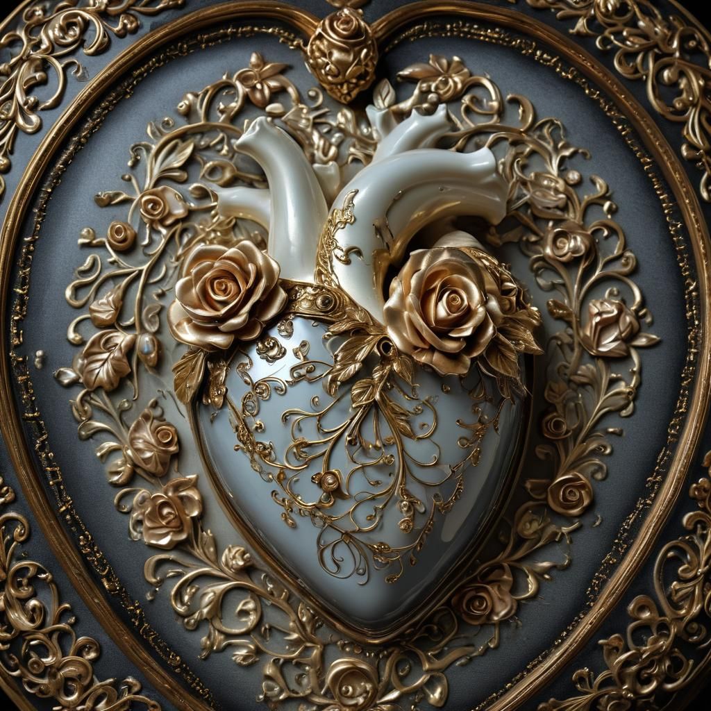Baroque Porcelain Heart Still Life in Mahogany Box
