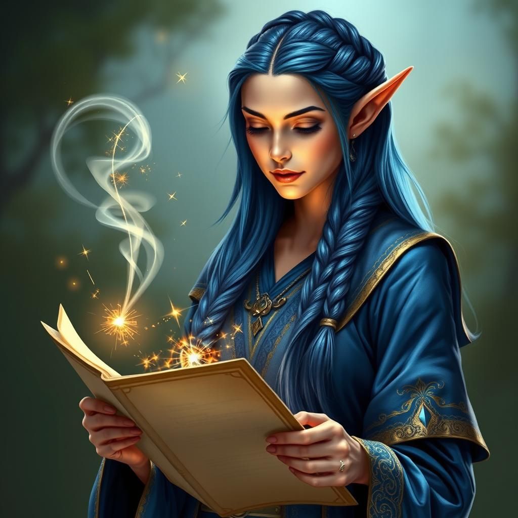 A pretty elf magic user reads from a spell-book, learning a ...