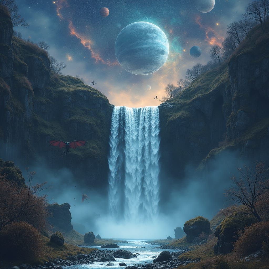 Celtic Waterfall with Dragons in Cosmic World