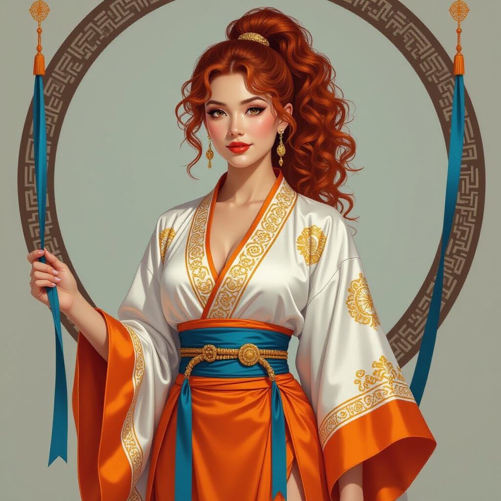 Red-Haired Woman in Chinese Robe, Fantasy Painting