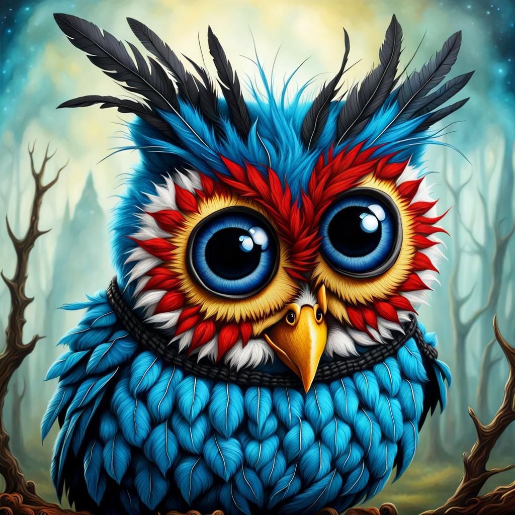 Cute Googly-Eyed Owl in Gothic-Punk Style