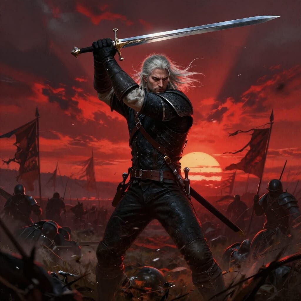 Witcher Geralt on Battlefield at Sunset