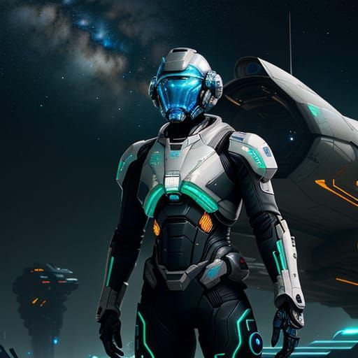 Cyberpunk Bounty Hunter Stands Ready in Neon-Lit Space