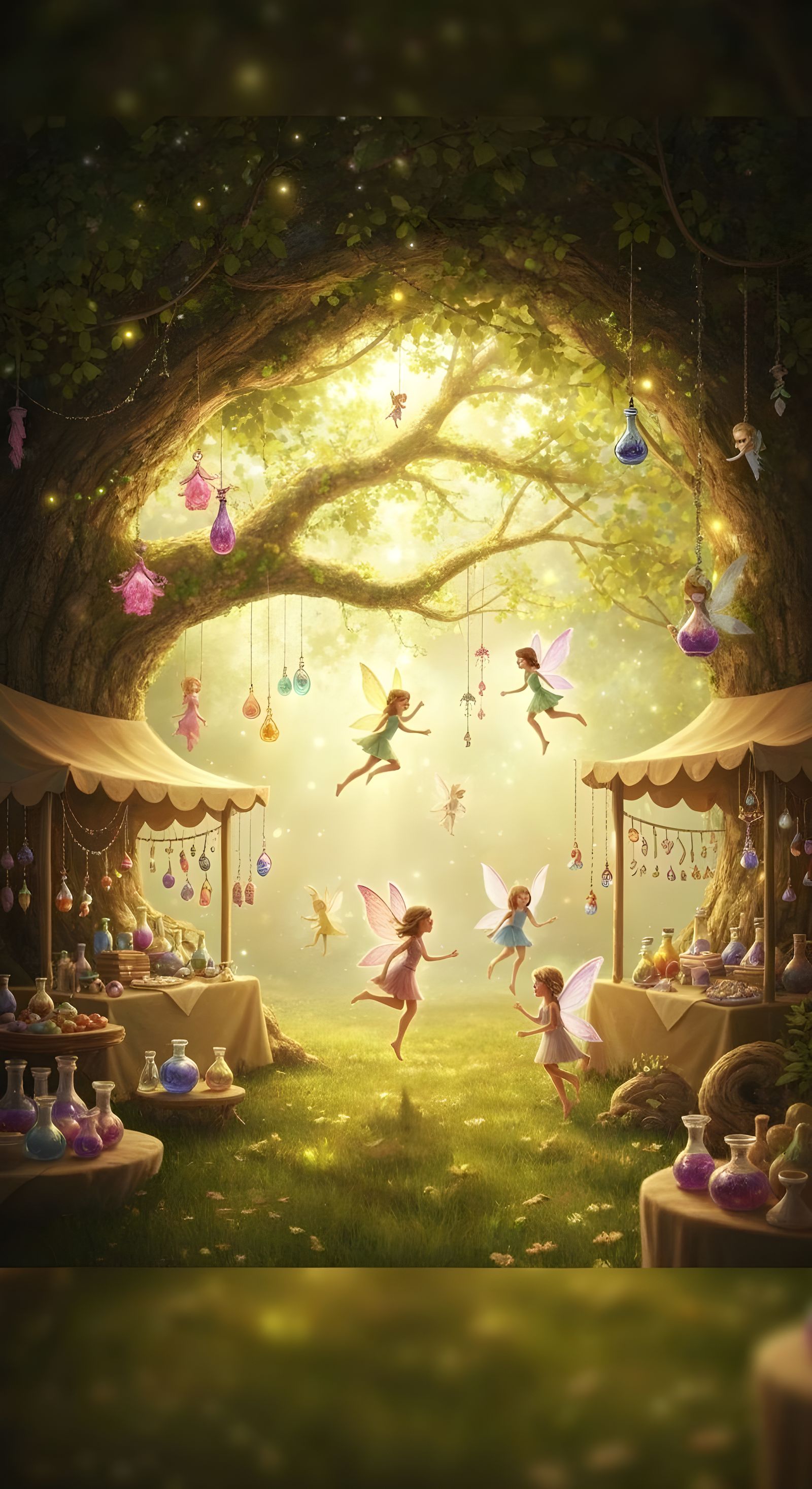 Enchanted Fairy Market in Ancient Tree, Dreamlike Illustrati...