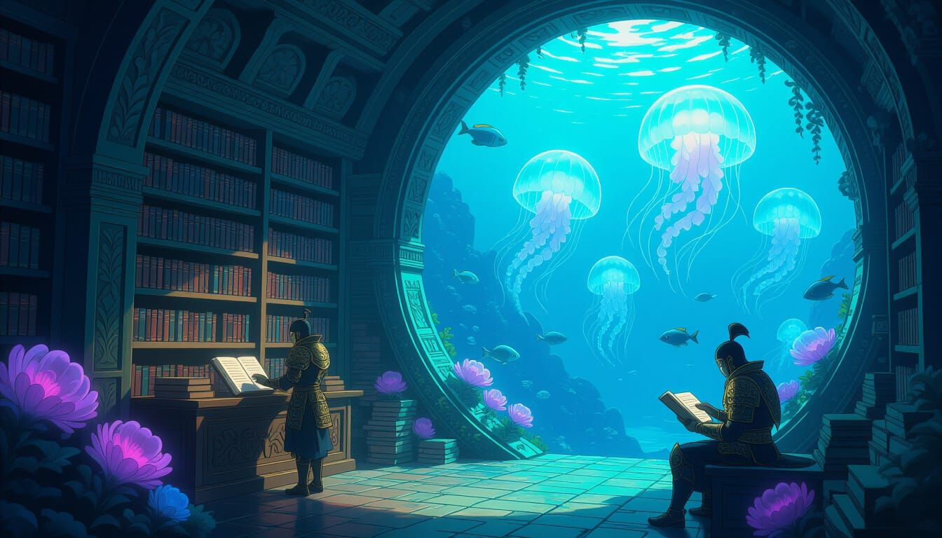 Underwater Bookstore with Bioluminescent Marine Life