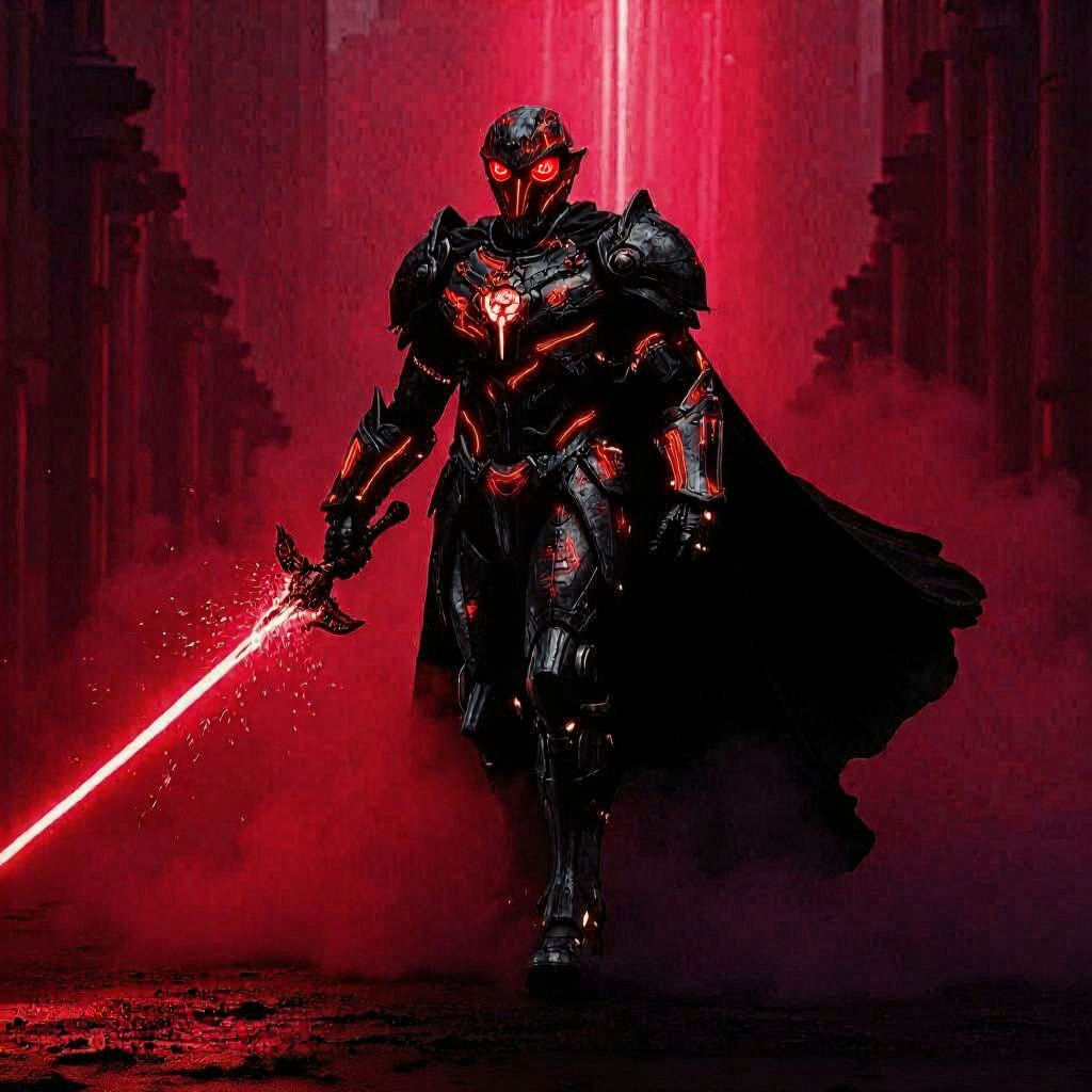 Cyber-Knight Emerges from Purple Mist in Cyberpunk Style