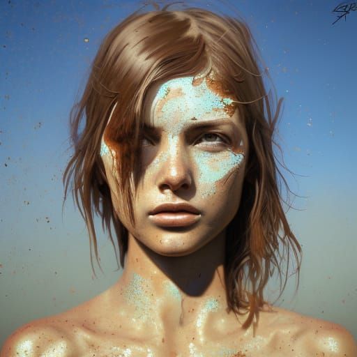 Mud-Covered Naturist Woman: Hyperdetailed Splash Art