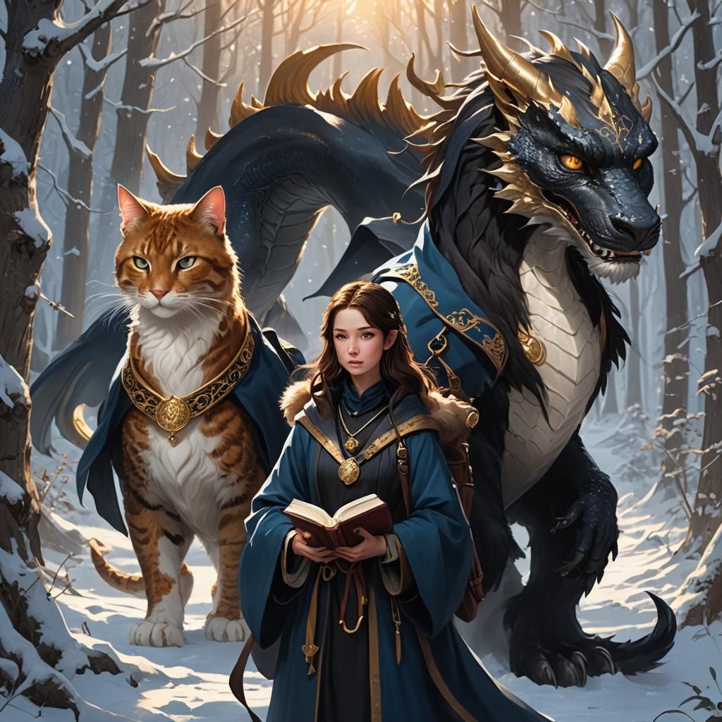 Girl with Cats and Dragon in Snowy Forest