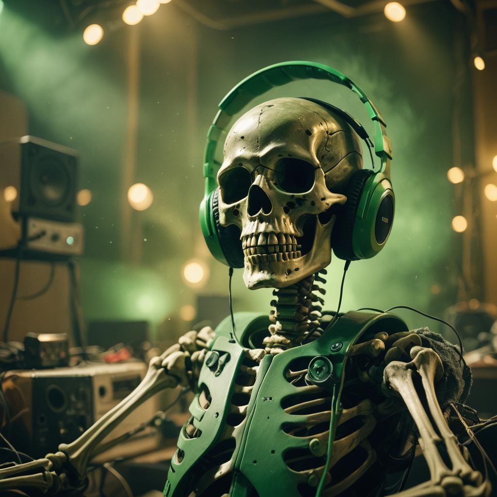 Skeleton DJ with Green Headphones, Cinematic Still