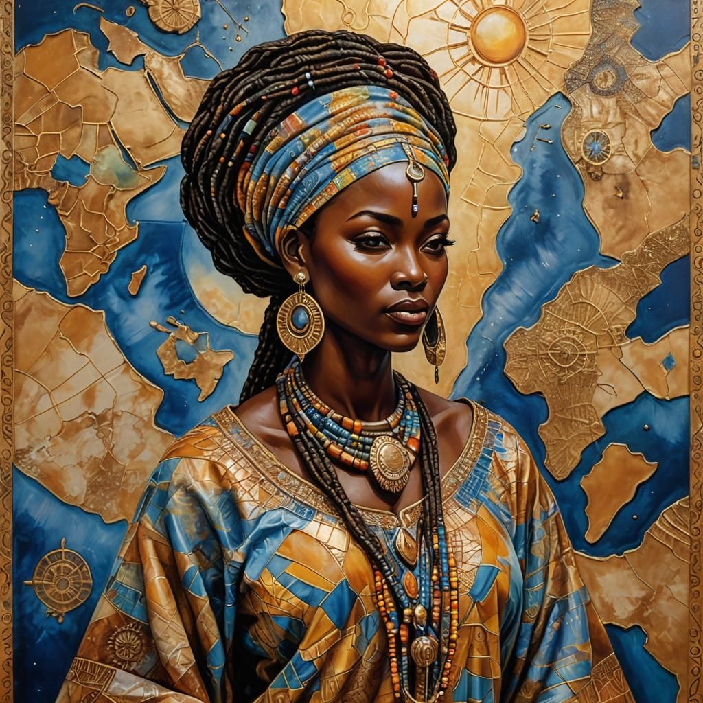 African Woman Overlooking Shimmering Landscape as Encaustic ...