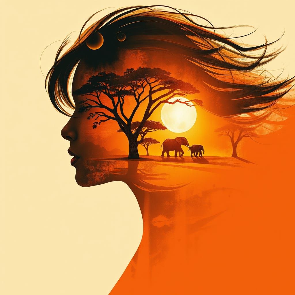 African Landscape Surrealism: Female Profile in Fantasy Art