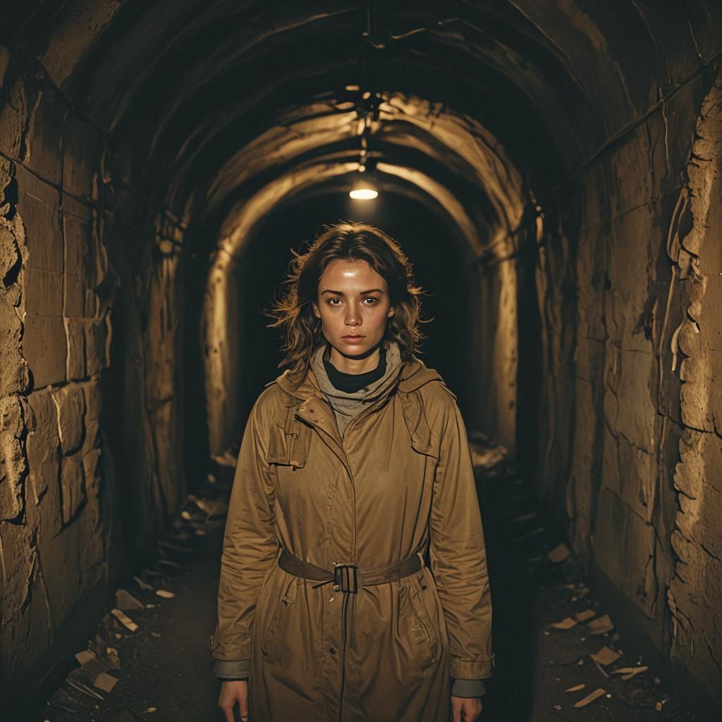 Woman in Abandoned Tunnel: Cinematic Film Still