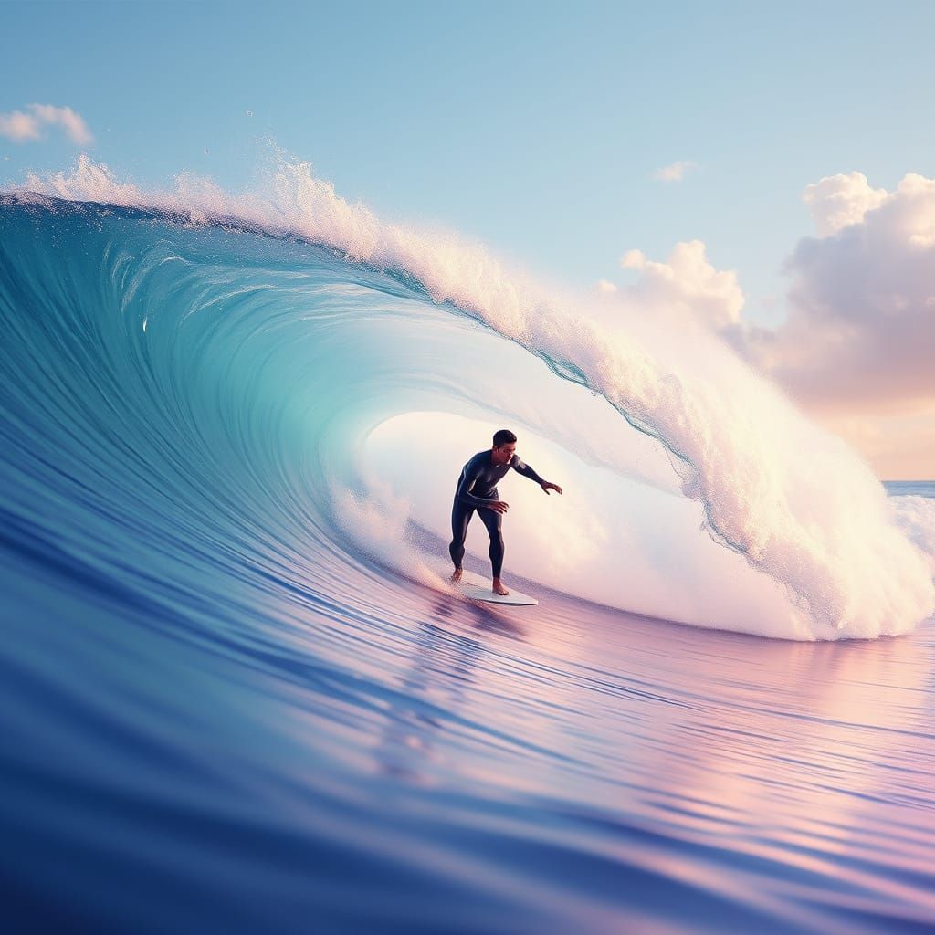 Serene Surfer in Dreamy Pastel Landscape