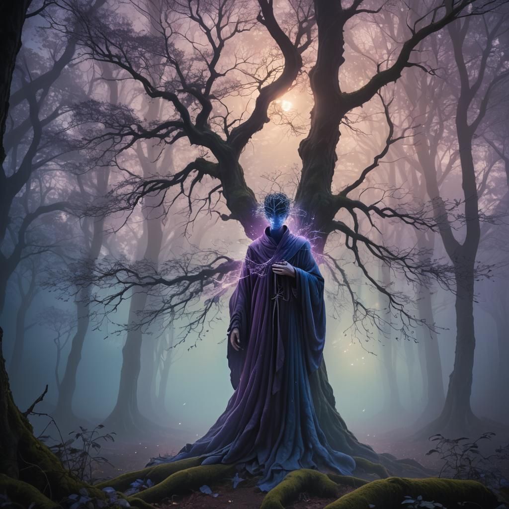 Ethereal Tree Embrace in Moonlit Forest
