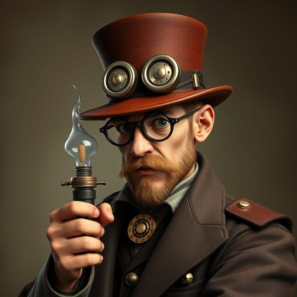 Steampunk Inventor in Detailed Digital Rendering