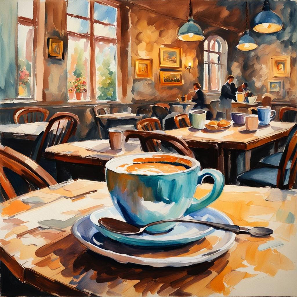 Romantic Coffee House Watercolor in Gouache Style