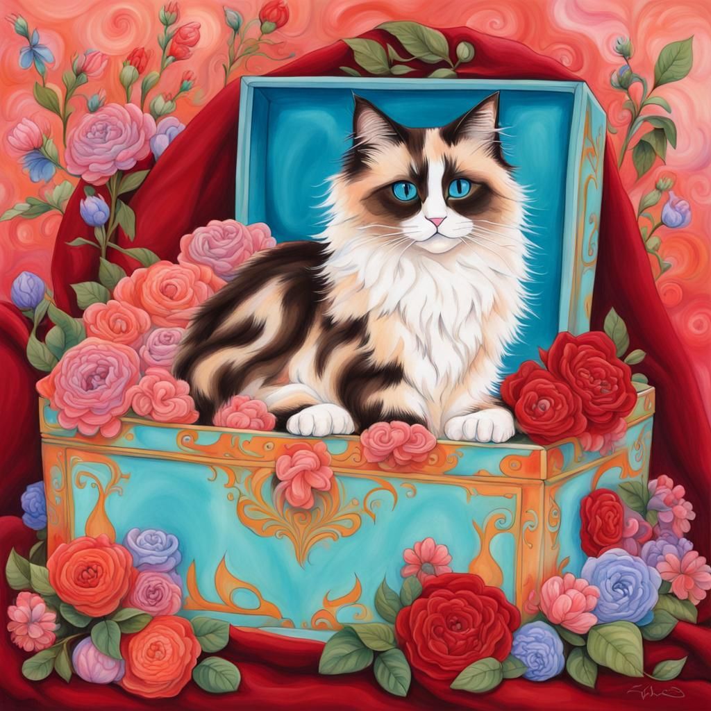 Calico Ragdoll Cat and Kittens in Gouache Style