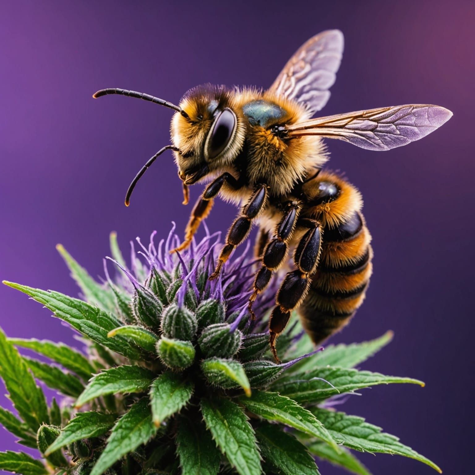 Bee on Purple Cannabis Flower: Hyperrealistic Splash Art