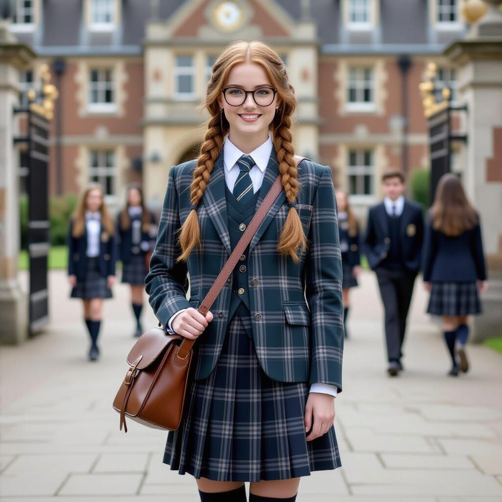 Angela in British School Uniform with Grinning Face