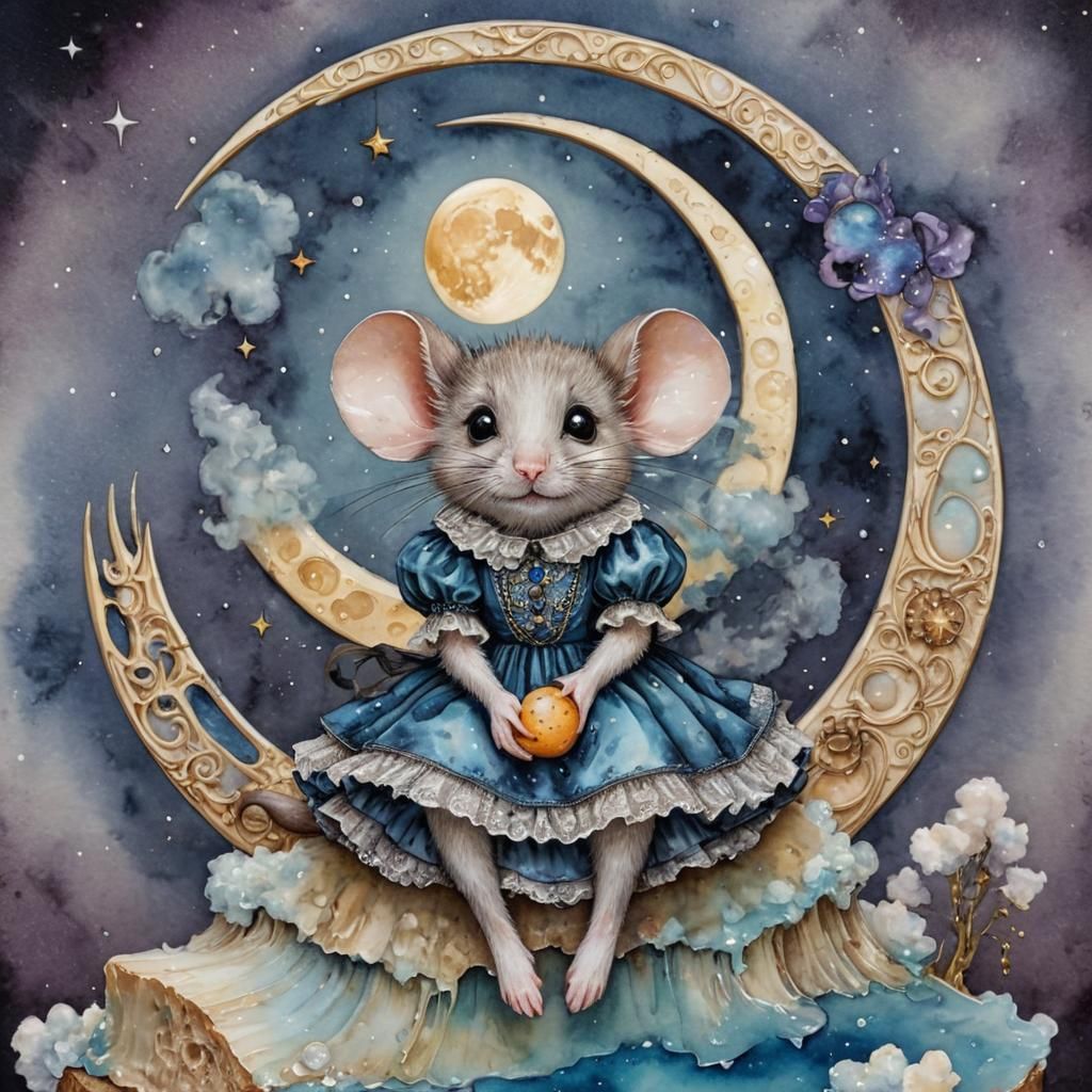 Victorian Mouse on Cheese Moon in Alcohol Ink
