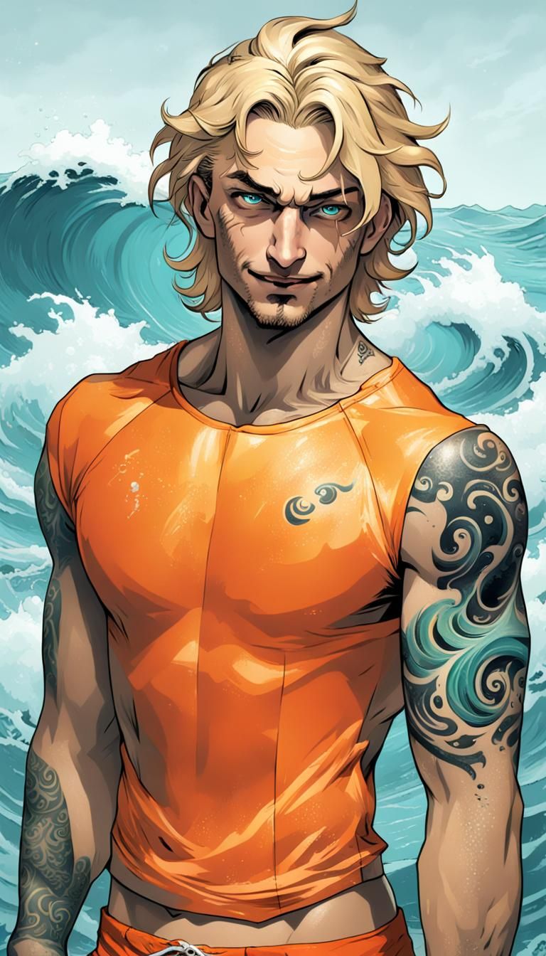 Heroic Figure with Tattoos in Dramatic Lighting